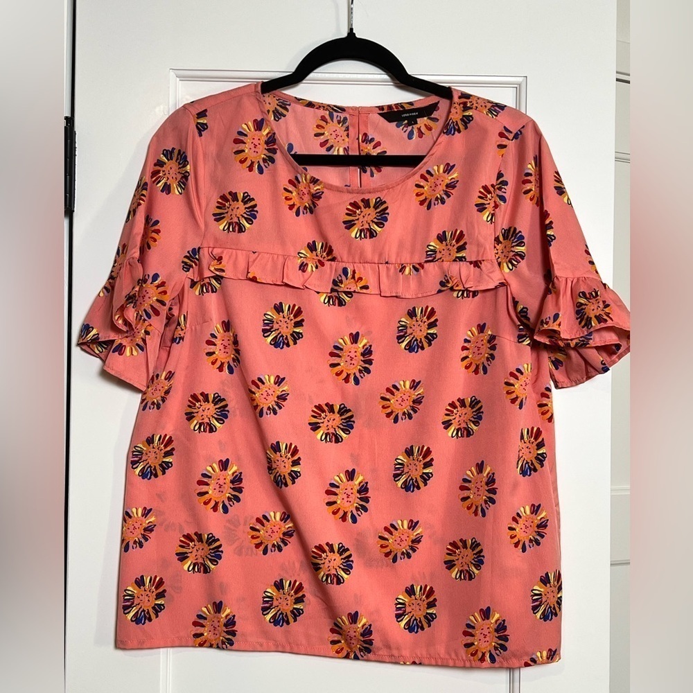 Vero Moda Pink Ruffled Flower Print Blouse (Large)